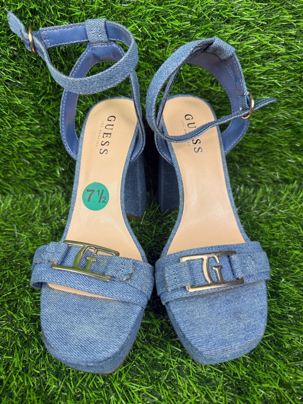 GUESS Womens US Size 7.5 Blue Denim Platform Sandals Block Heel Ankle Strap Logo